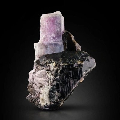 Pink Kunzite crystal nicely perched on Smoky Quartz from Afghanistan